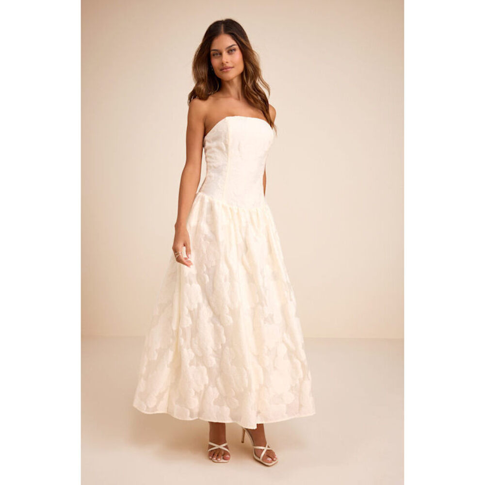 Lulus Calen Cream Floral Jacquard Drop Waist Maxi Dress White - Size M